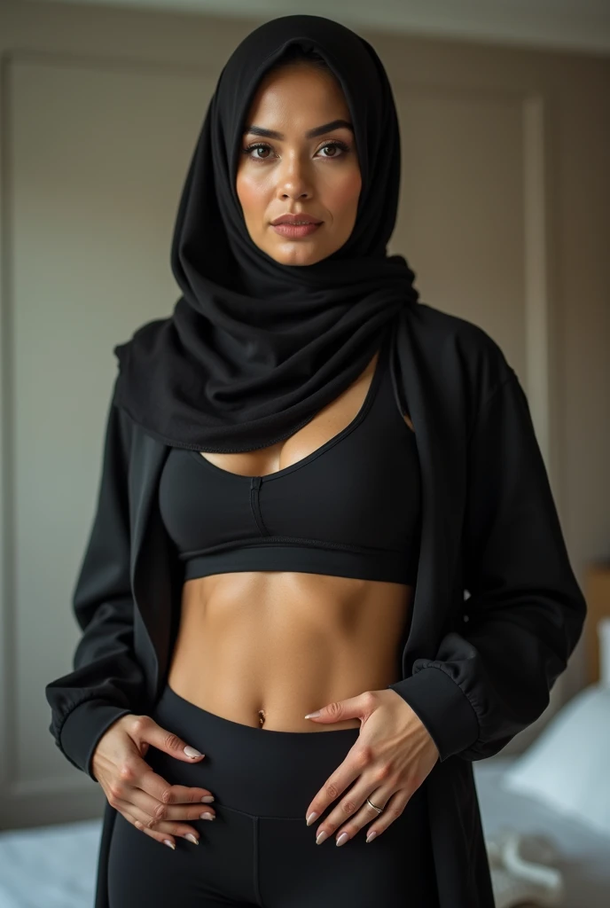 RAW photo,dark,moody,hazy atmosphere,35mm focal lenght,underexposed,cold,candid photograph,artistic,full body,photo of a beautiful,influencer,30yo Iraqi woman,hijab,detailed skin,naked, looking at viewer, thick body structure,grey background,no background, candid pose,dim room,blue light, film grain, kodak color, instagram LUT