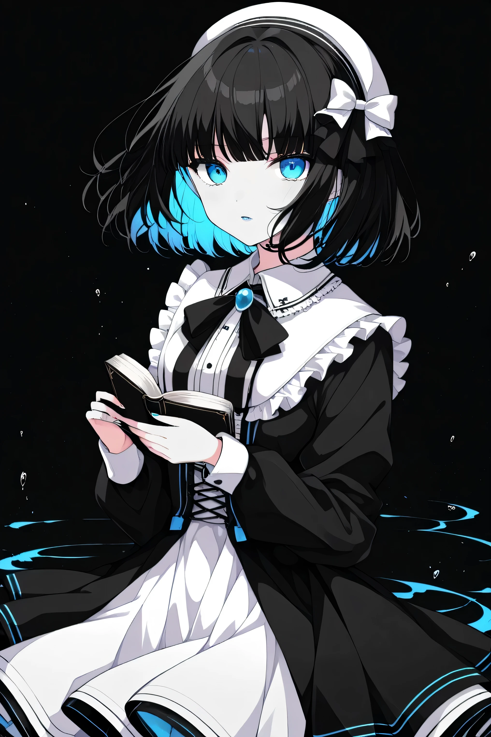 ( best quality, outline:1.2),realistic,illustrator,anime,1 girl, Detailed lips, black dress,custom, (monochrome dark background),neon hair,textured cut, obra de until, classic retro style, dark black, until, outline book, (black bob hair:1.75 neon:1.32), Bad women , dark monochrome background, anime girl with blue hair and white dress standing in water, anime art wallpaper 8 k, wallpaper anime blue water, anime art wallpaper 4 k, anime art wallpaper 4k, anime style 4 k, anime wallpaper 4k, anime wallpaper 4 k, beautiful anime artwork, digital art on pixiv, 4k anime wallpaper, beautiful anime art, anime moe artstyle