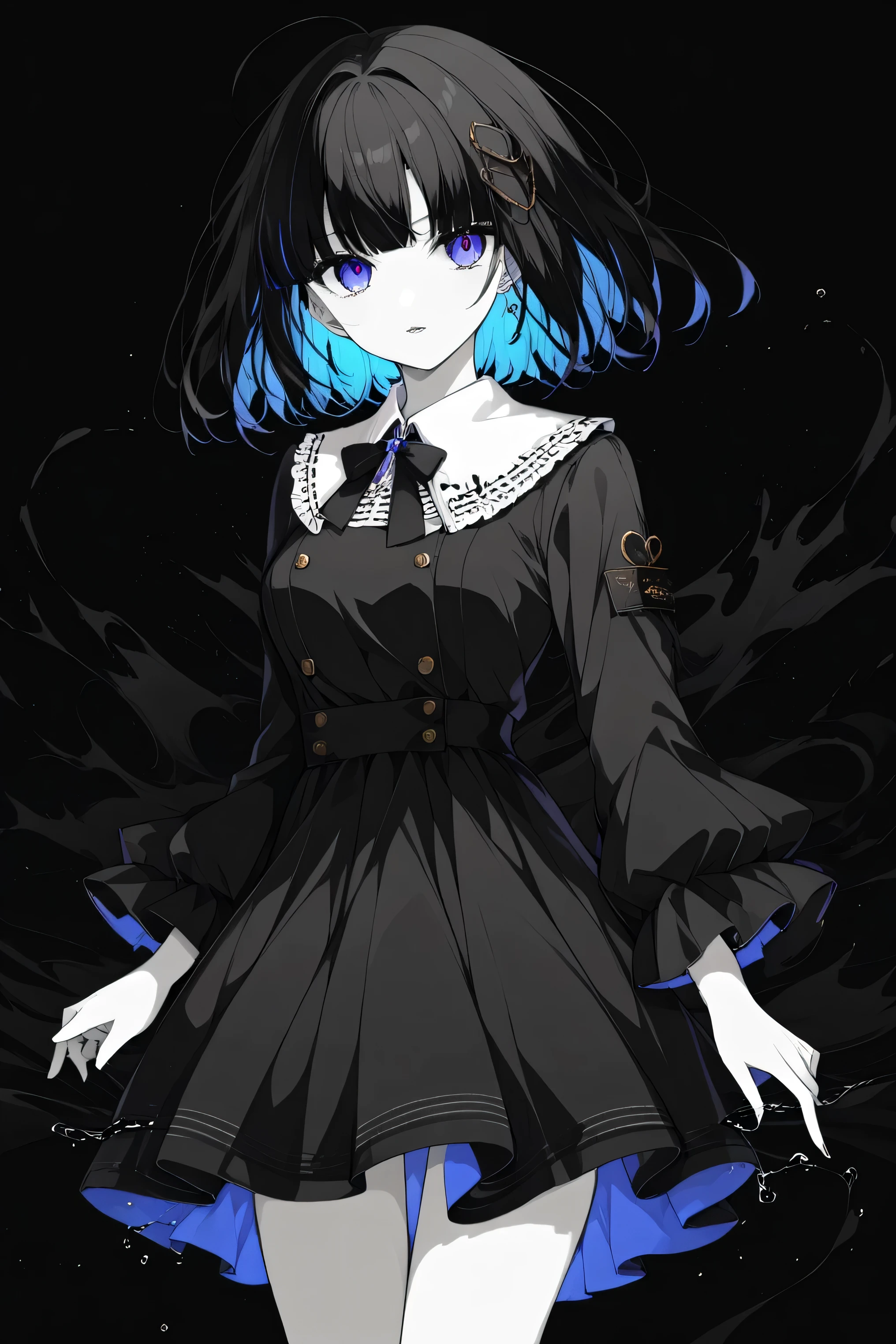 ( best quality, outline:1.2),realistic,illustrator,anime,1 girl, Detailed lips, black dress,custom, (monochrome dark background),neon hair,textured cut, obra de until, classic retro style, dark black, until, outline book, (black bob hair:1.75 neon:1.32), Bad women , dark monochrome background, anime girl with blue hair and white dress standing in water, anime art wallpaper 8 k, wallpaper anime blue water, anime art wallpaper 4 k, anime art wallpaper 4k, anime style 4 k, anime wallpaper 4k, anime wallpaper 4 k, beautiful anime artwork, digital art on pixiv, 4k anime wallpaper, beautiful anime art, anime moe artstyle