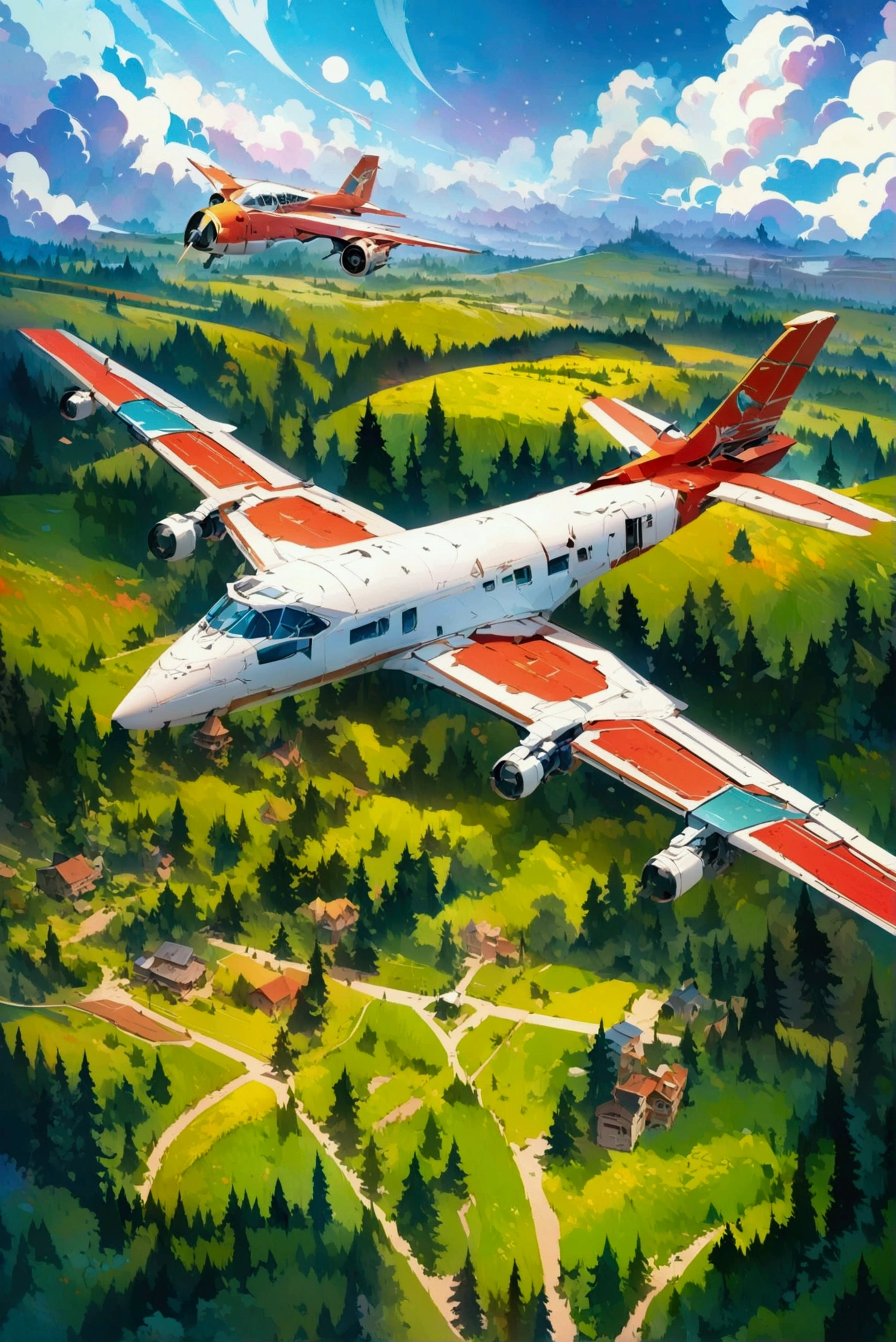  Airplanes with牧草地in the background、Intricate and Detailed Airplanes 、mechanized art concept,   Detailed Game Art Illustration  ,   Epic Full Color Illustration  ,   super detailed illustration ,   Stars Within  、  Stars Within 、 Very Coherent Stylized Artwork  ,   Airplane Design Art  ,    Alessandro Pautasso's Art ,    Highly Detailed Official Art   ,   Colorful Illustrations  ,    detailed digital illustration  , , Vivid cartoon art、Radiant Background 、 Shot looking down at the ground from above