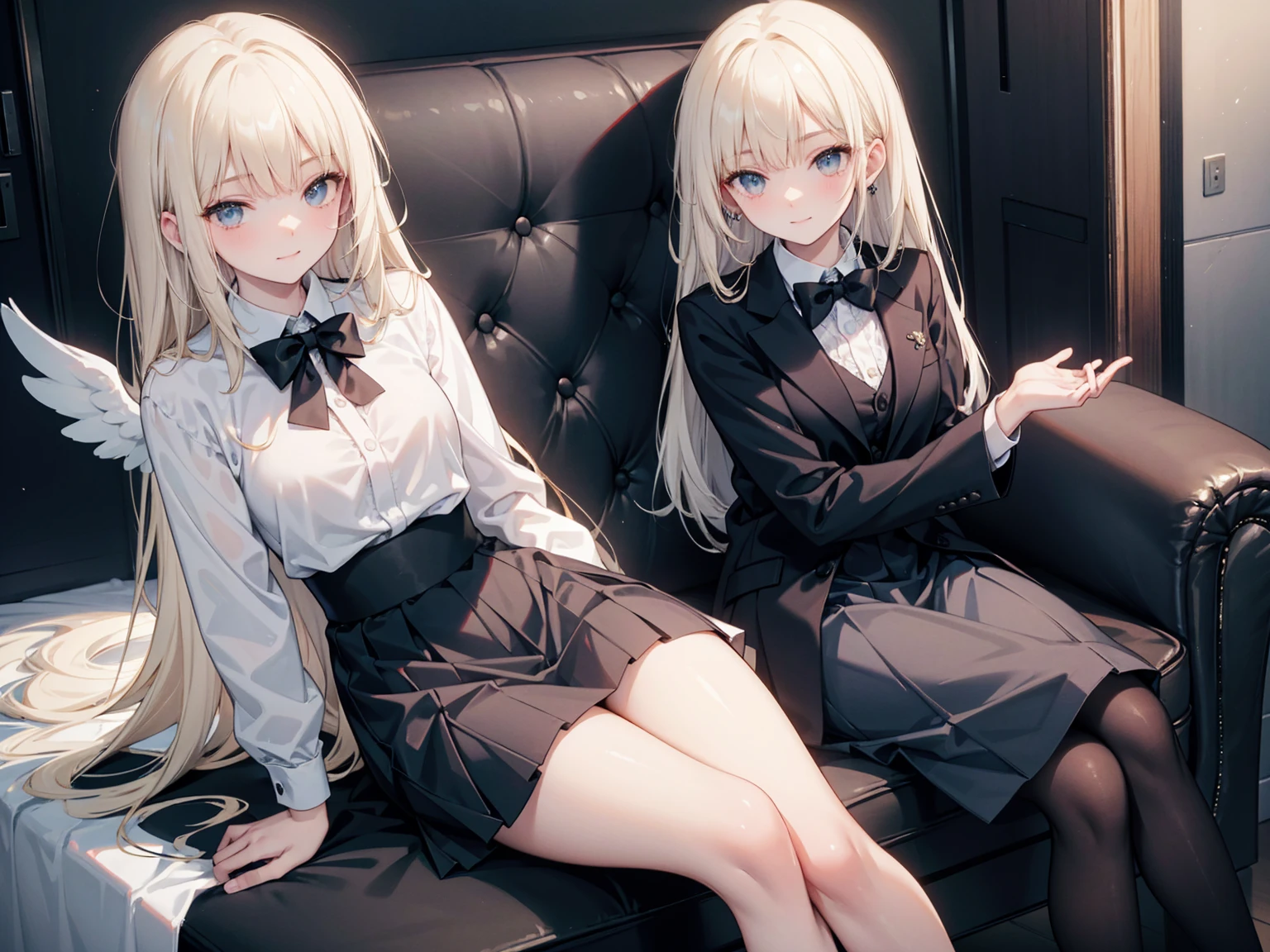 Highest quality, masterpiece, figure, wallpaper,One girl,White shirt, Light Hair, Beautiful detailed girl, Highly detailed eyes and face, Beautiful attention to detail, Shine,Browsing Caution, View your viewers, bed, night, Black Pantyhose, Straight hair, Red Eyes, long hair,Blonde, thick_Thighs, Large Breasts, Red eyes,Sitting,beautiful finger, clear background, deep night, Nothing in my hands
