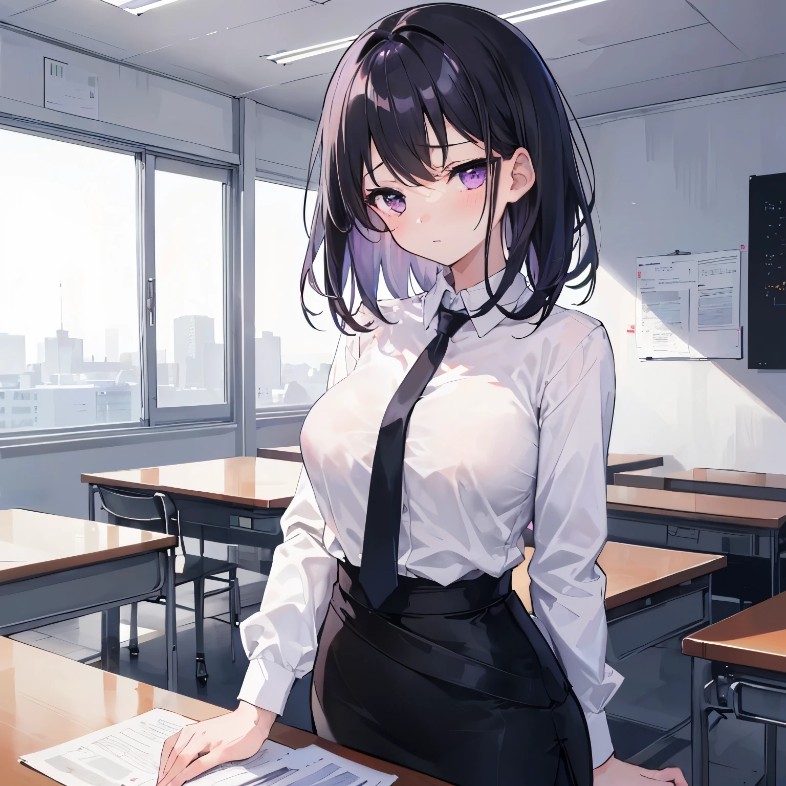 (depressed, blush), (((1 girl))), (upper body), ((facing viewer, looking viewer)), stand straight, (purple eyes, Jitome), (black hair, straight hair, medium hair), large breast, (white shirt, black necktie, pencil skirt), (negotiating table), Sharp Focus, (Best Quality, masterpiece, detailed, facial focus), office lady, ((waist)), ((v arms))