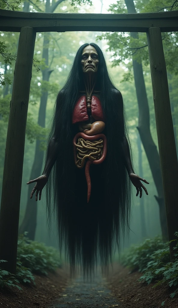 best quality)), ((masterpiece)), (detailed), 1 girl. penanggal. floating head ghost. Show lungs. Hearts organs outside. Organs fleash out of body. Flying at forest