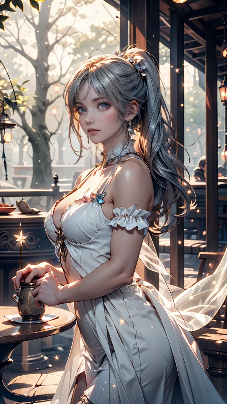 ((best qualtiy)), ((tmasterpiece)), (the detail:1.4), 3D, A beautiful cyberpunk female image,hdr(HighDynamicRange),Ray traching,NVIDIA RTX,Hyper-Resolution,Unreal 5,Subsurface scattering、PBR Texture、post-proces、Anisotropy Filtering、depth of fields、maximum definition and sharpness、Many-Layer Textures、Albedo e mapas Speculares、Surface coloring、Accurate simulation of light-material interactions、perfectly proportions、rendering by octane、Two-colored light、largeaperture、Low ISO、White balance、the rule of thirds、8K raw data、((best qualtiy)), ((tmasterpiece)), (the detail:1.4), Busty body 3D,Front fill light,hdr(HighDynamicRange),Ray traching,NVIDIA RTX,Hyper-Resolution,Unreal 5,Subsurface scattering、PBR Texture、post-proces、Anisotropy Filtering、depth of fields、maximum definition and sharpness、Many-Layer Textures、Albedo e mapas Speculares、Surface coloring、Accurate simulation of light-material interactions、perfectly proportions、rendering by octane、Two-colored light、largeaperture、Low ISO、White balance、the rule of thirds、8K raw data、Raised translucent top, Smaller top, Smaller white lace shorts, Raised, Mature feminization, Flattering eyes, White lace translucent top,Flat naked abdomen, Snow-white thighs, White lace stockings, Bare arms, Mature charm deep V open neck, Long reddish-brown shiny hair, White lace translucent shorts perfect body 9 head body beauty