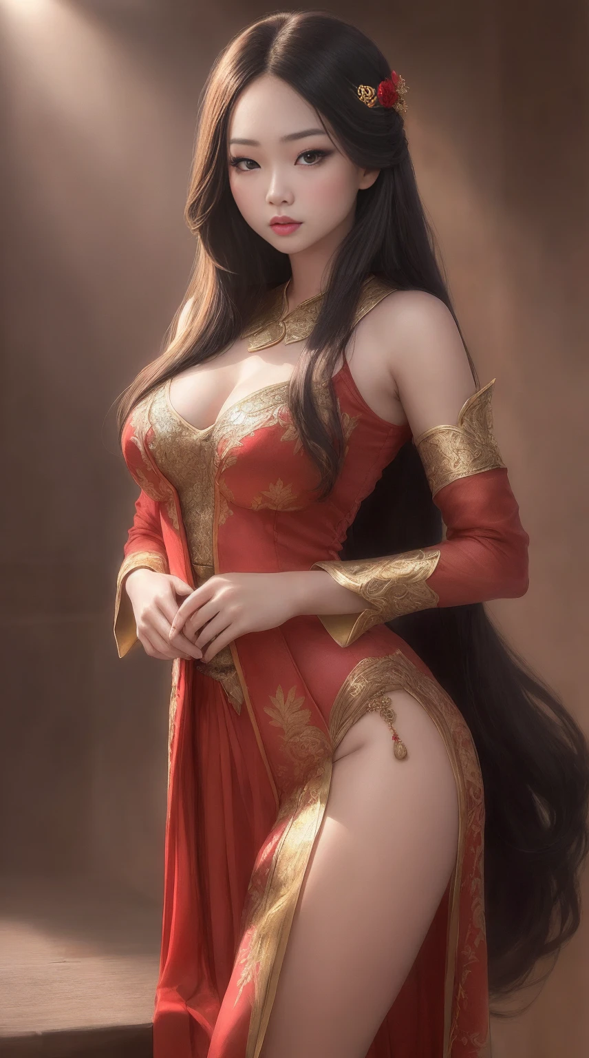 (highres, ultra-detailed, realistic:1.37), tifa, final fantasy, entire body, beautiful detailed eyes, detail-oriented nose, luscious lips, long flowing hair, radiant smile, elegant crown, royal attire, intricate jewelry, graceful pose, enchanting expression, majestic castle in the background, vibrant colors, soft lighting, regal atmosphere, atmospheric perspective, stunning landscape, floating clouds, magical aura, timeless beauty, intricate patterns, ethereal ambiance, striking contrast, dreamlike quality, cinematic composition, red dress