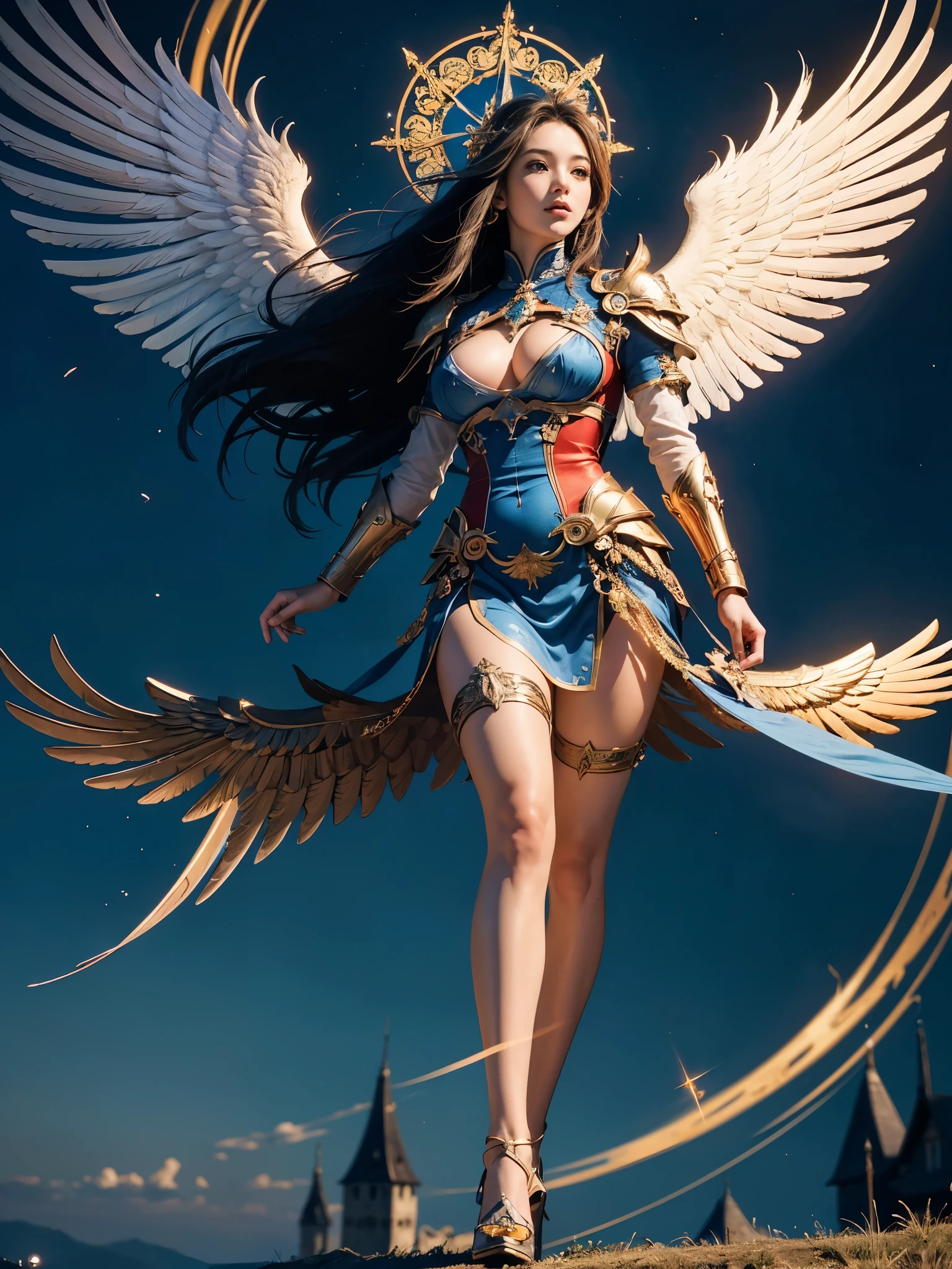 (masterpiece, highest quality, Realistic photos), ((Angel floating in the air;1.4)), A very cute Japanese woman, A complex copper and brass mechanical armor with a Hawk and eagle motif., Beautiful big angel wings, (The wings are symmetrically paired;1.5), ((Carrying an aura of bright blue flame)), White tone, A little bit of blue and red and yellow accents, Angel falling from the sky, floating in the sky, Extremely intricate details, Posing on the medieval castle walls at sunset, Long Shot, narrow body, hourglass body, medium breasts, thin waist, flat belly, Thin and beautiful thighs, beautiful legs,
