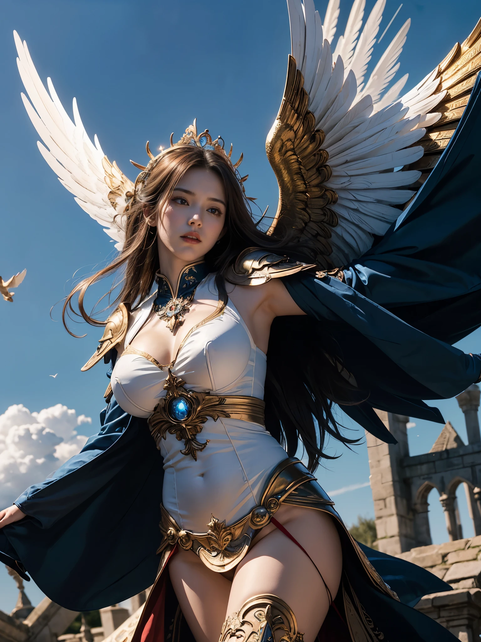 (masterpiece, highest quality, Realistic photos), ((Angel floating in the air;1.4)), A very cute Japanese woman, A complex copper and brass mechanical armor with a Hawk and eagle motif., Beautiful big angel wings, (The wings are symmetrically paired;1.5), ((Carrying an aura of bright blue flame)), White tone, A little bit of blue and red and yellow accents, Angel falling from the sky, floating in the sky, Extremely intricate details, Posing on the medieval castle walls at sunset, Long Shot, narrow body, hourglass body, medium breasts, thin waist, flat belly, Thin and beautiful thighs, beautiful legs,
