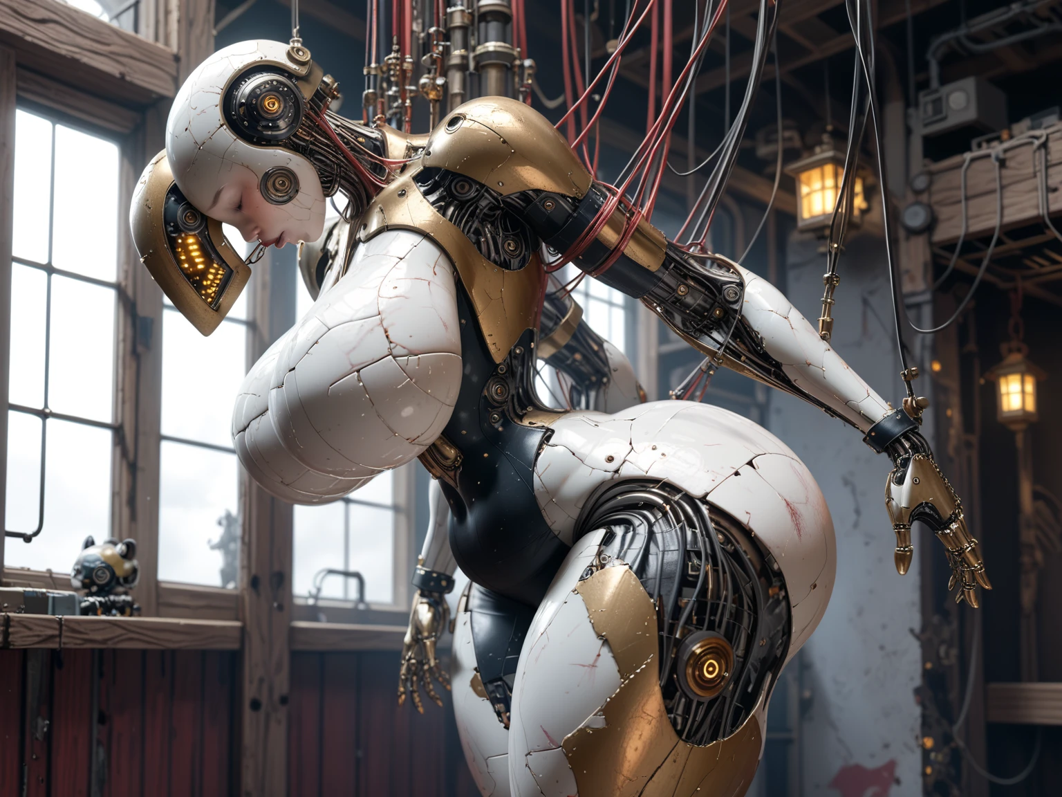 (((masterpiece))), ((best quality)), (ultra-detailed), (CG illustration), (an extremely devious and beautiful)), cinematic light, ((1 mechanical girl)), single, (machine-made joints: 1.4), ((mechanical limbs)), ( blood vessels attached to the tube), ((mechanical spine attached to the back)), ((mechanical cervical vertebrae attached to the neck), ((back to the viewer)), expressionless, (wires and cables attached to the head and body: 1.5), science fiction, apocalypse, ruins, dawn scenery, dawn