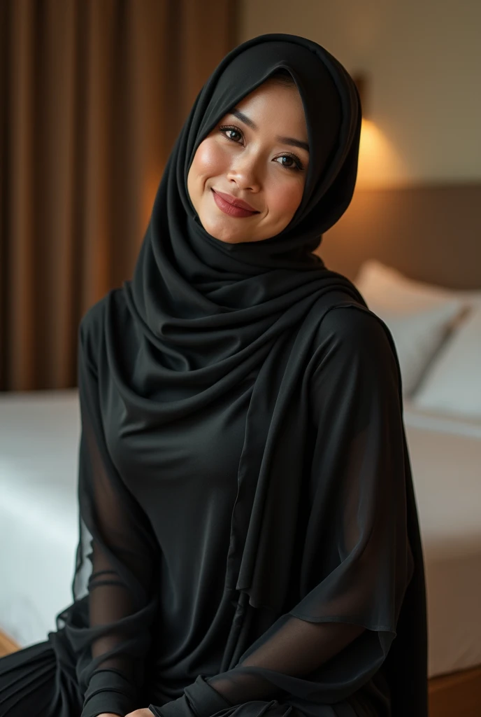 Malay girl in hijab wear small floral black baju kurung malaysia in college, wear back pack, front view, detail skin, detail skin texture, mole below eyes, small breast, big hip, big waist, big thigh, slim abs, beautiful body, nighttime, laughing, happy, bright lighting, college student in background, crowded college, blur background, bokeh,