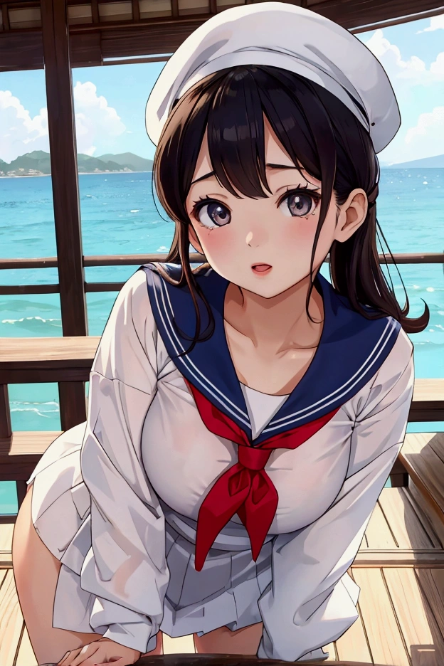 ((Face close-up))),One girl, high school girl、(((リボン付きSailor suit))), Summer clothes、Wet and transparent、((Navy pleated ocks、loafers、ponytail、school bag)、My belly is visible through my clothes、cute, wonderful, Beautiful attention to detail, Iris, Black Hair, In detail, Depth of written boundary, Highly detailed CG, original, Highly detailed wallpaper, View your viewers, Detailed face, Cleavage, (Big Tits, Hard nipples)､Toned Abs, White skin, Realistic、(Cinema Lighting)、Detail emphasis, Beautiful lighting、(((Sailor suit))), Summer clothes、Wet and transparent, ((In the park after the rain))､Summer sunset､Realistic park､masterpiece, 最high quality, high quality, High resolution､ ((smile)),  smileで､((Face close-up))),　Face close-up 