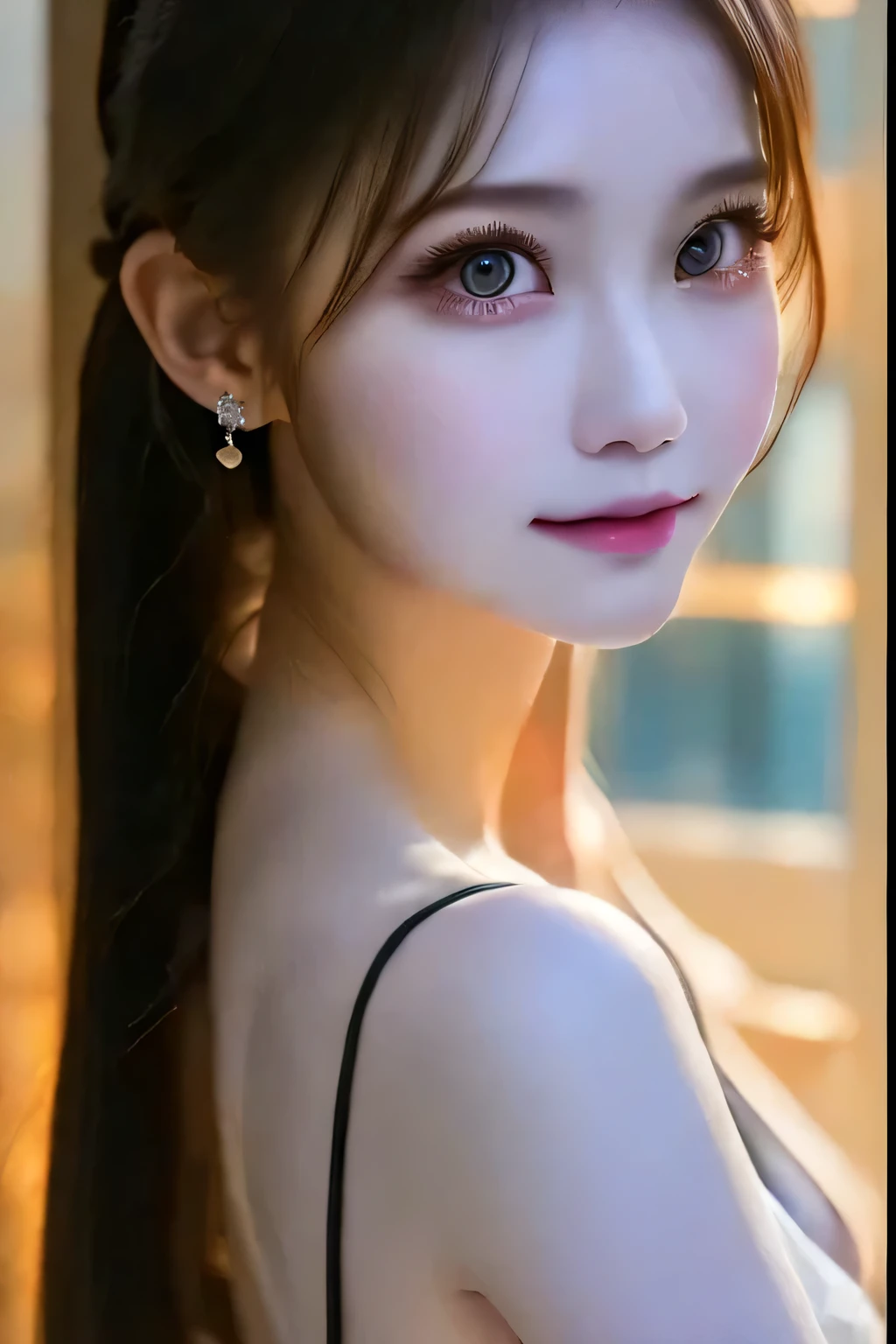 ( best quality, masterpiece:1.2),  ultra high resolution, Realistic,  Frontlighting ,  complex details,  Exquisite Details and Textures ,  1 girl, Alone ,(young), Face Enhancement,  upper body,  detailed face , Scar bruise, white skin,  silver-haired,  ponytail,   hair with braids,  Watching Viewers , Big Eyes, silk robe, (Hollow pattern , white, silk),  earrings for a woman alone,  small breasts,  slender body , Luxurious Room,  professional lighting,  photon mapping,  radio city,  Physically Based Rendering ,