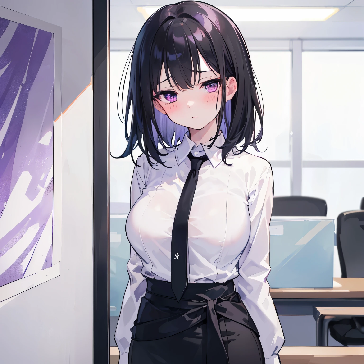 (depressed, blush), (((1 girl))), (upper body), ((facing viewer, looking viewer)), stand straight, (purple eyes, Jitome), (black hair, straight hair, medium hair), large breast, (white shirt, black necktie, pencil skirt), (negotiating table), Sharp Focus, (Best Quality, masterpiece, detailed, facial focus), office lady, ((waist)), ((((v arms))))