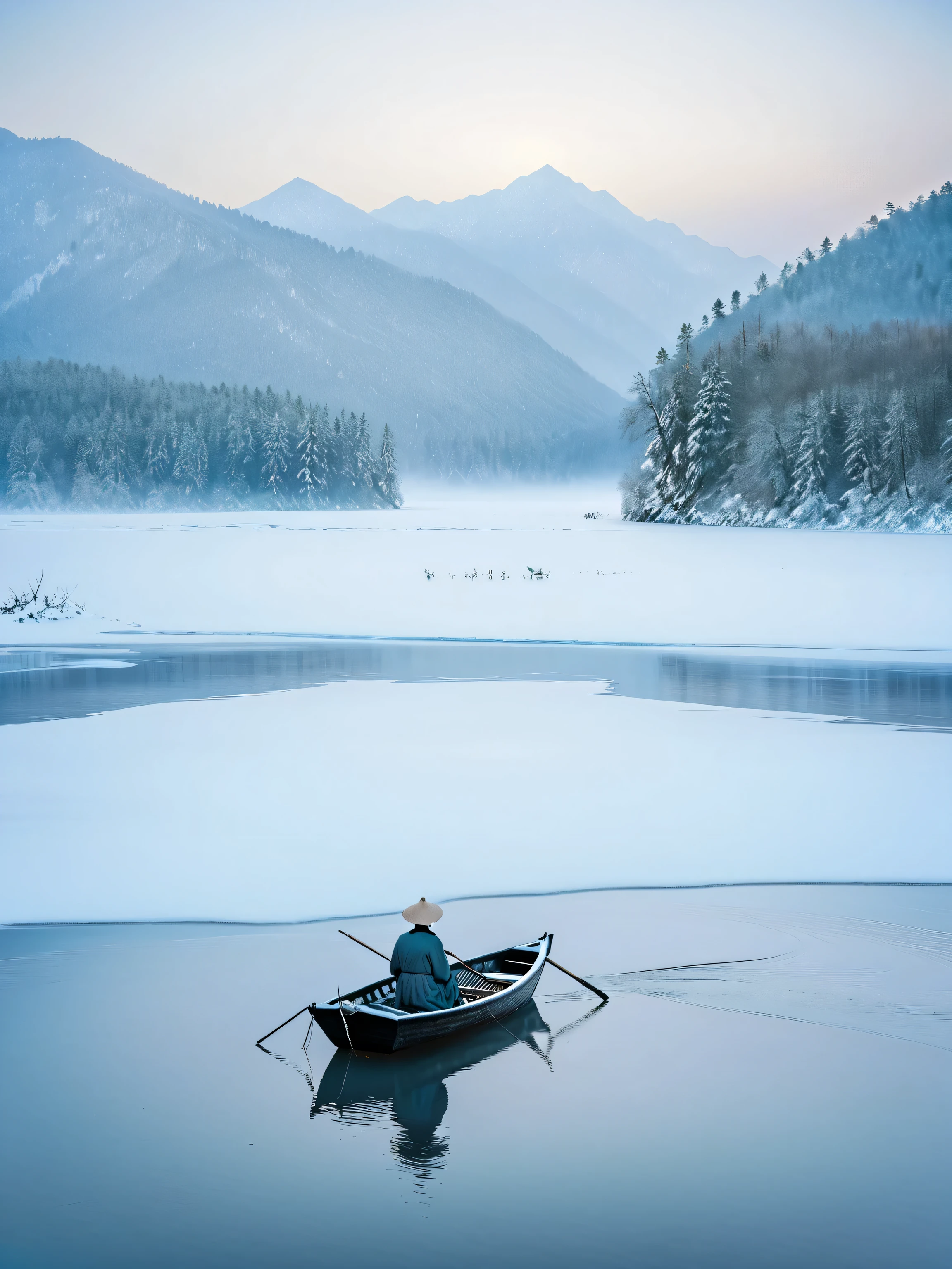 Hazy beauty,Cinematic lighting effects,Particle light effects,There was a man fishing on the boat on the lake in the snow, Sparkling,fantasia de cena de inverno, in the winter, Wallpaper phone, andrey gordeev, Wallpaper phone, Winter in the snow, in an icy river, novel cover art for a book, iphone wallpaper, mikko lagerstedt, inspired by Igor Kieryluk, winter vibes
