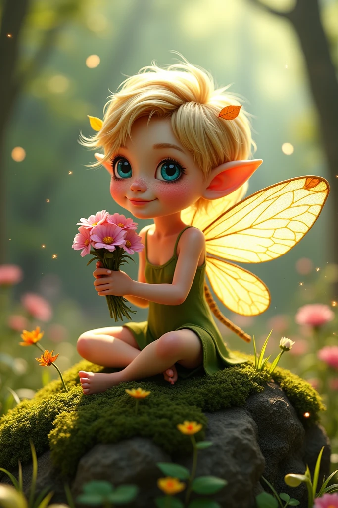 ultra detailed disney illustration of a tiny magical fairy with big eyes, rainbow gradients, sitting on top of the stones, contemplating, lush flowers, blurred forest background, convey a sense of movement and energy, make it magical, dreamy and whimsical, high quality, high definition, by supersy, with the text "Piya", cinematic, illustration, 3d render, typography, photo, anime, dark fantasy, conceptual art