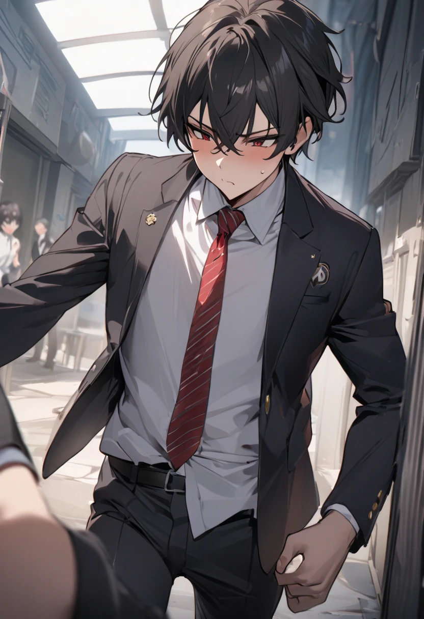 （masterpiece,  best quality:1.2)、(((male)))、student、 Shorthair、 black hair、Black school uniform, black blazer、 white shirt、 red tie、Black trousers、Push it off、 hand in the den forward