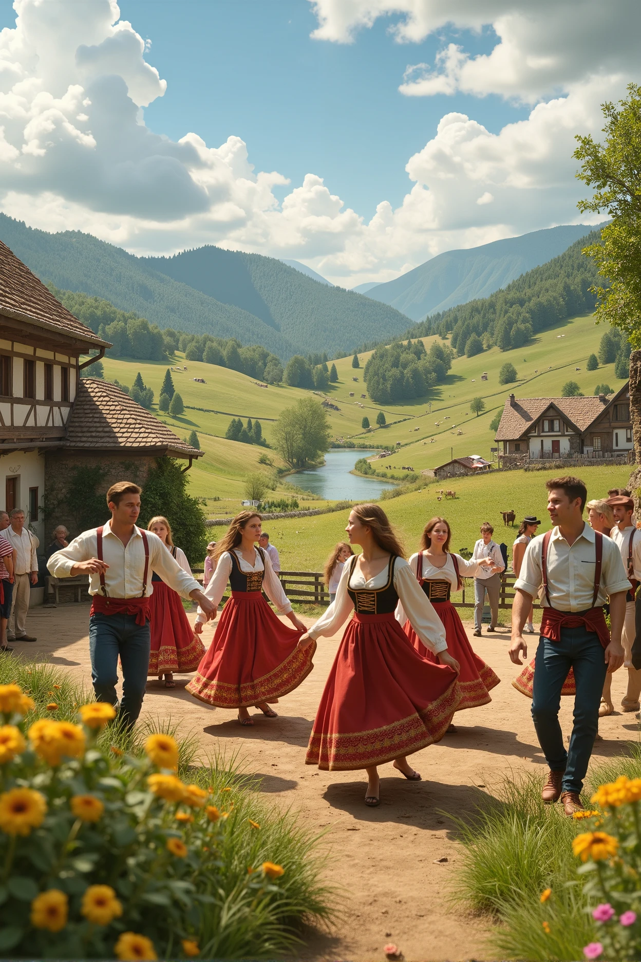 (highest quality、Tabletop、8k、Best image quality、Ultra-high resolution、Award-winning works), (Pastoral Idyll:1.5), (fantasy), european countryside, farmers, cows, people are dancing folk dance