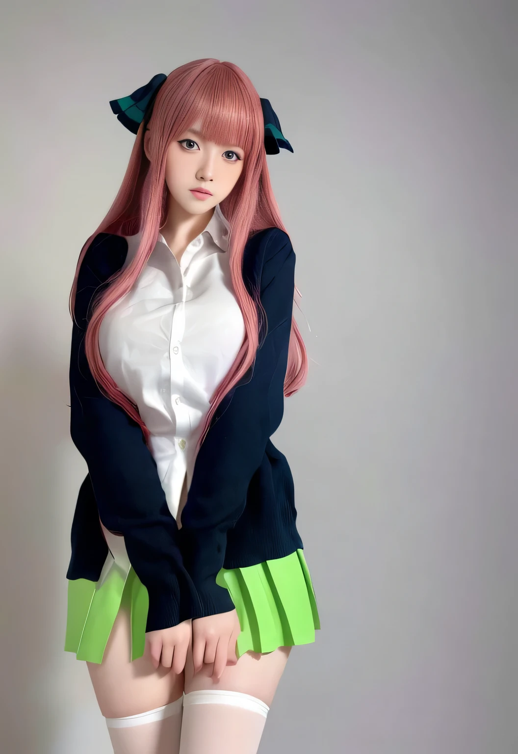 ulzzang-6500-v1.1,(raw photo:1.2),((photorealistic:1.4))best quality ,masterpiece, illustration, an extremely delicate and beautiful, extremely detailed ,CG ,unity ,8k wallpaper, Amazing, finely detail, masterpiece,best quality,official art,extremely detailed CG unity 8k wallpaper,absurdres, incredibly absurdres, huge filesize, ultra-detailed, highres, extremely detailed,beautiful detailed girl, extremely detailed eyes and face, beautiful detailed eyes,light on face,cinematic lighting,1girl,half body,full-body shot,see-through,looking at viewer,pleated_skirt, shirt,green_skirt,loafers, white_legwear，simple background
