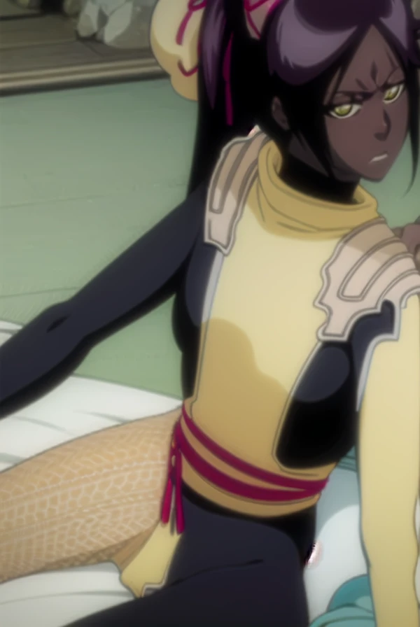 Anime, dark skin, long black hair, yellow eyes yellow ribbons around legs, barefoot