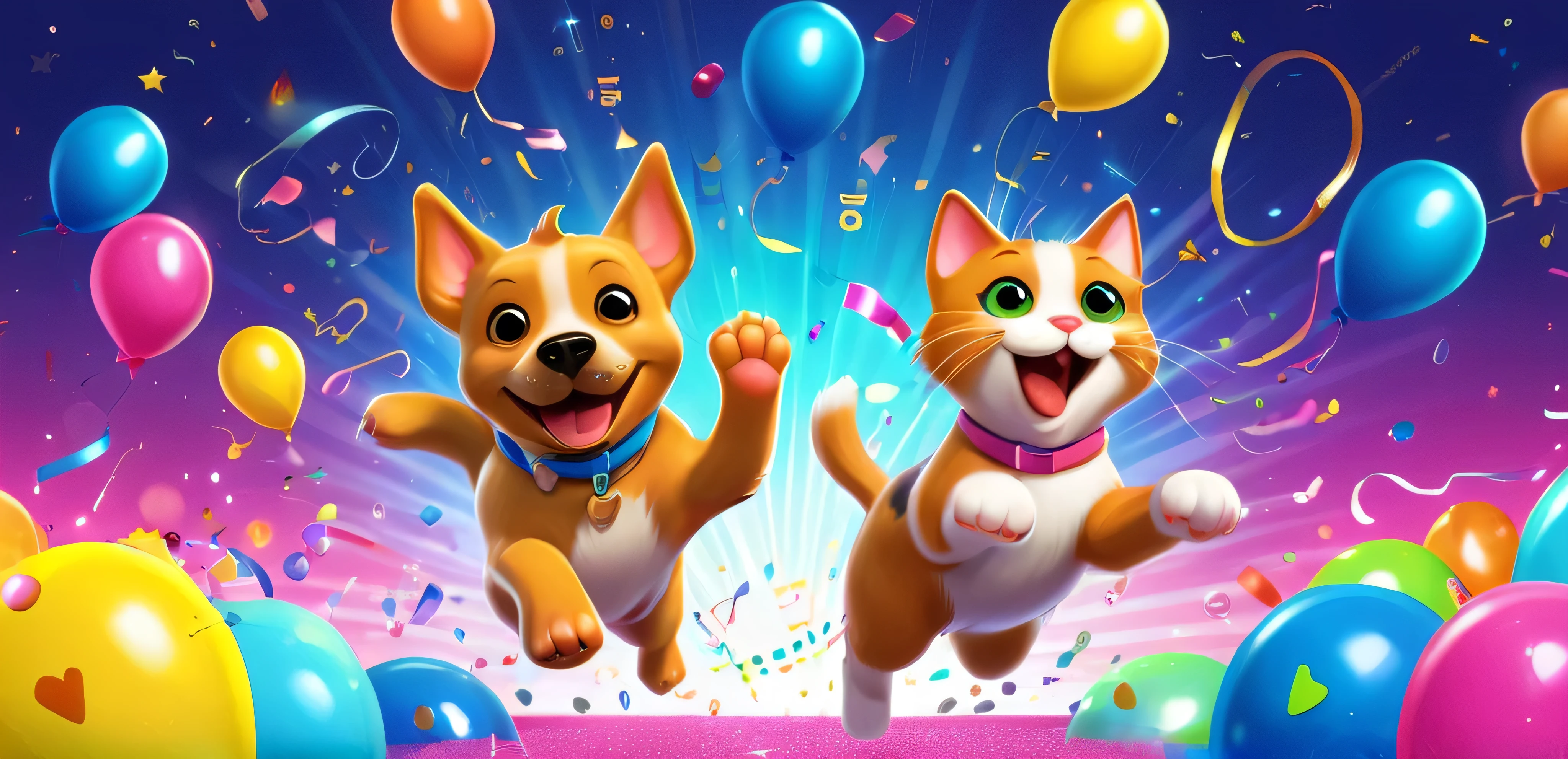 A vibrant and cheerful scene of a dog and a cat jumping in excitement as colorful holograms float around them, showing playful icons like confetti-filled poo emojis, happy paw prints, and glowing health charts. The background bursts with party elements like balloons, streamers, and sparkling lights, blending into a futuristic digital atmosphere with floating tech elements. The pets are mid-jump, with exaggerated, cartoonish expressions of joy, creating a dynamic and fun composition. The color palette is bright and festive, with neon pinks, blues, and yellows, and lighting effects that add a sense of celebration. A perfect graphic for a fun, pet-loving audience.
