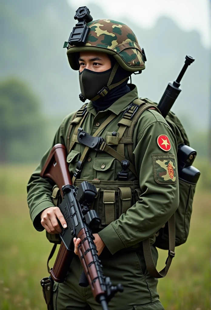 CTAI, A soldier in Vietnamese military uniform, wearing a camouflage helmet, mask and protective gear. The soldier holds a rifle and stands in an outdoor, grassy setting. The overall impression is one of preparedness and alertness, with the soldier's expression of concentration and protective gear suggesting a military or combat scenario.