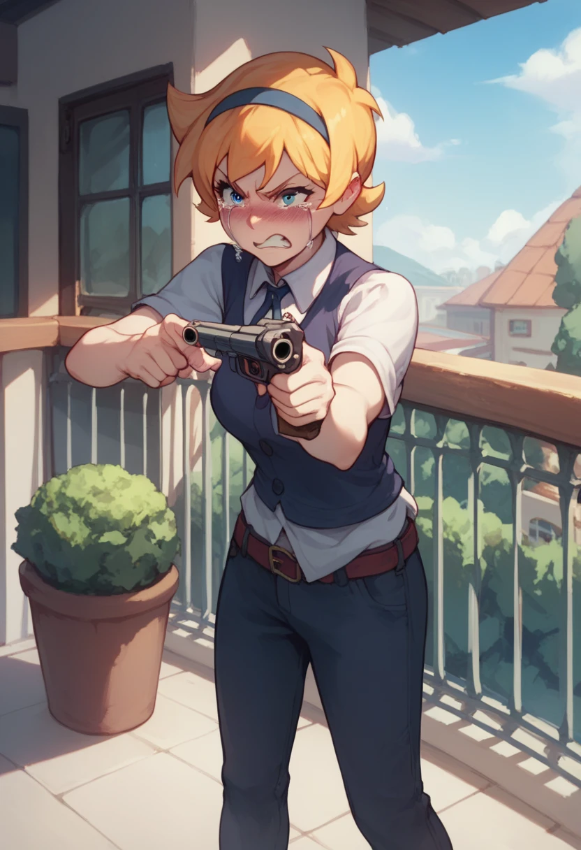   Lotte Jasson beautiful   , Jealous, angry, blush,  peeking out from a balcony, crying,  Pointing a gun , without pants  