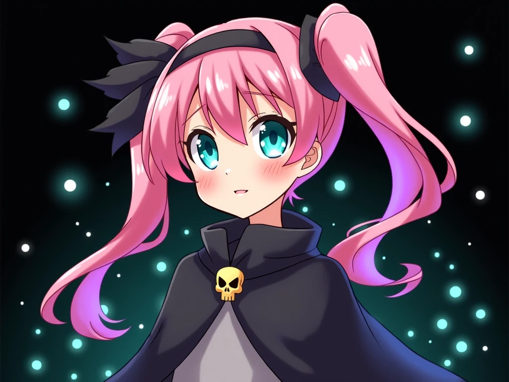 Anime girl with pink ponytail with hair,Black hair band , left ponytail blue-green light , right ponytail pinkish purple light ,Eyes are simple ellipses but emit blue-green light, wears black cape , In the middle of the cape there is a small yellow skull head , Blue-green dots scattered around the girl , The background is black