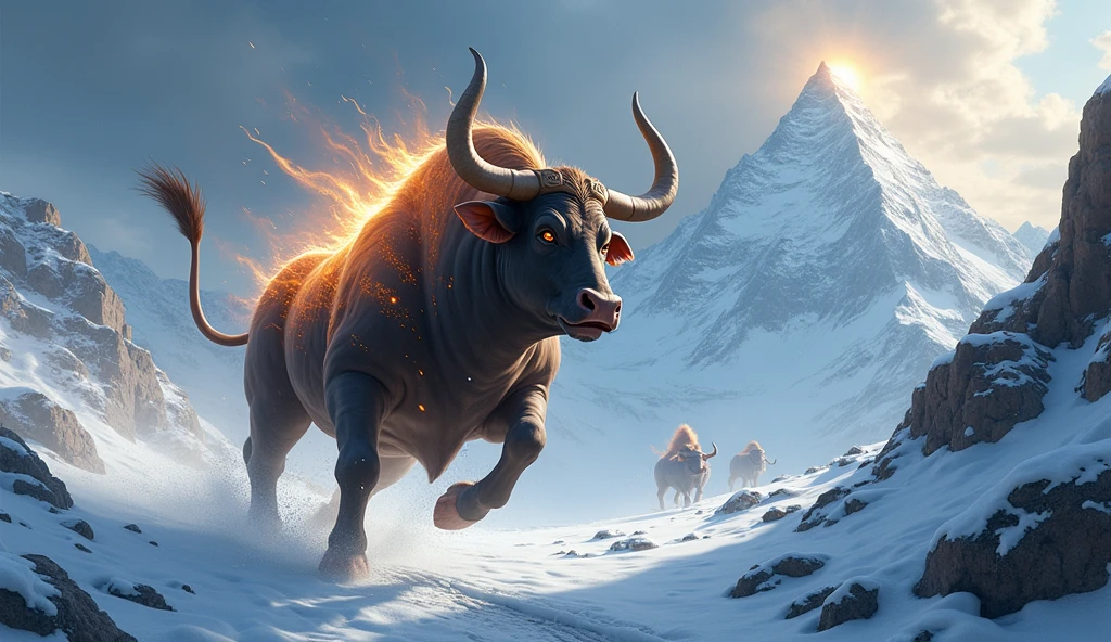 "Nandi, Shiva's loyal, rushing toward him with urgency. His large, muscular frame is depicted glowing with divine energy, his eyes wide with concern, as he runs across the icy terrain of Mount Kailash."