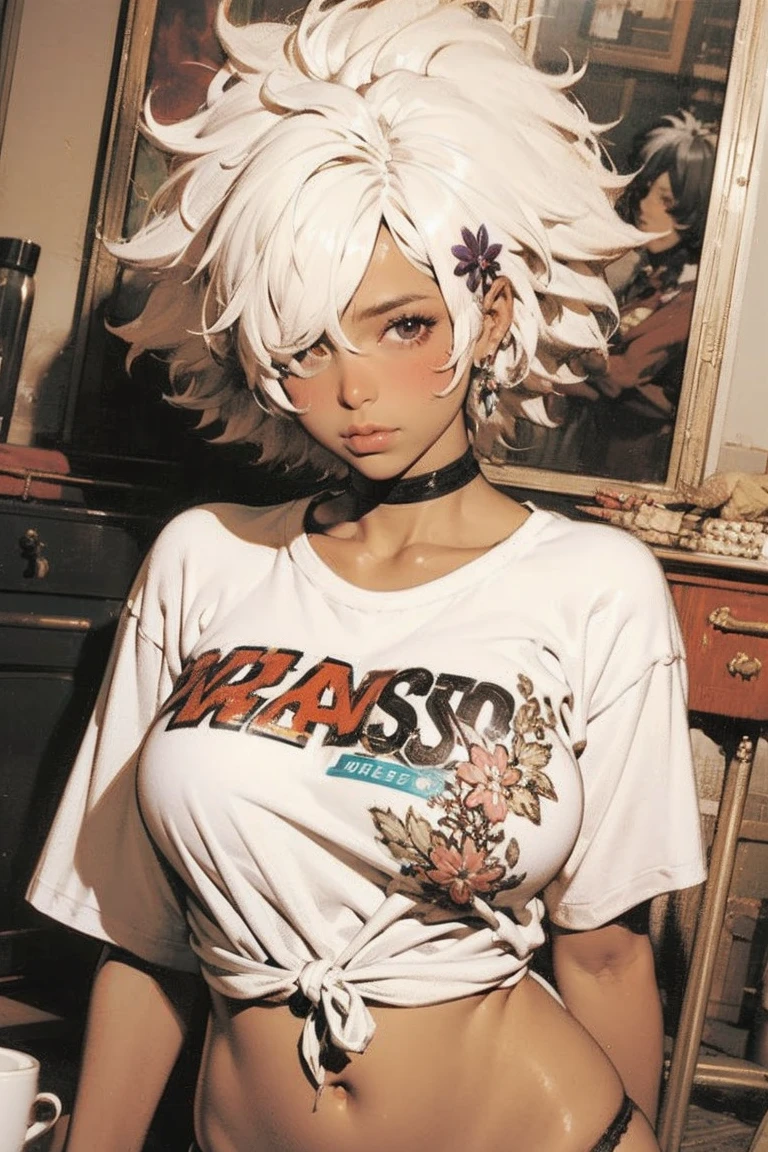  shinobu jacobs, white hair, (big hair, messy hair, afro:1.2), hair over one eye, thick eyelashes, dark skin, huge breast, Elma_origin,  lace underwear, (White pubic hair:1.1), anime pattern t-shirt, oil painting, (bashful:1.2), see-through