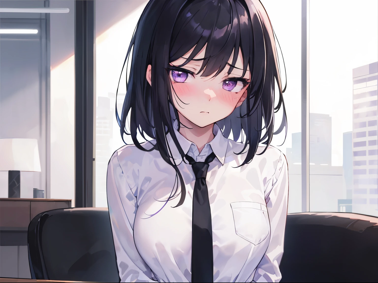 ((scared)), depressed, blush), (((1 girl))), (upper body), ((facing viewer, looking viewer)), stand straight, (purple eyes, Jitome), (black hair, straight hair, medium hair), large breast, (white shirt, black necktie), (negotiating table), Sharp Focus, (Best Quality, masterpiece, detailed, facial focus), office lady, ((waist))