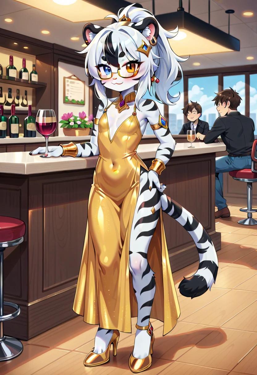 masterpiece, high resolution, best quality, (furry tiger girl, baby body, baby height, flat chest, animal face, animal skin, animal fur, tiger ears, tiger tail), heterochromia, multicolored hair, ponytail, piercing, makeup, tattoo, glasses, restaurant, long luxurious dress, gold jewelry, flower hairpin, high-heeled shoes, glass of wine in hand, public