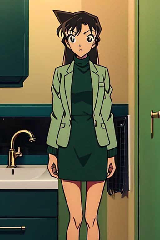 {{{mouri ran}}},{{{Detective Conan}}},{{{long hair}}},{{{official style}}},{{{adult}}},green dress,one-piece dress,turtleneck green miniskirt, {light green cropped jacket},{light green cropped jacket},green socks,,sink,laundry,kitchen,bringing upper body to the sink,open