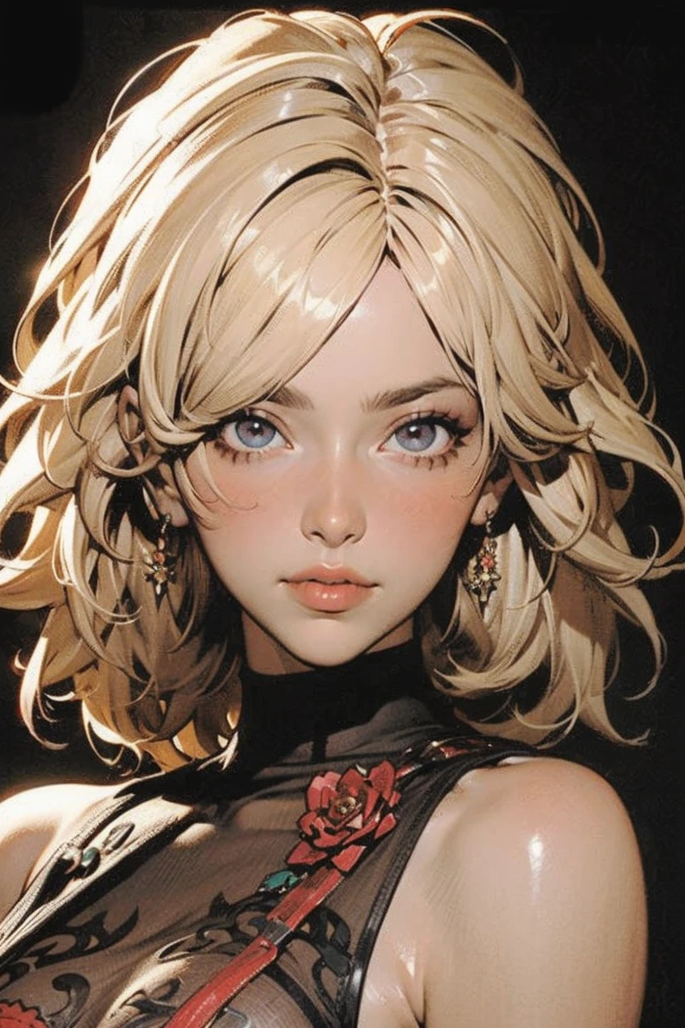 masterpiece,  best quality, ( solo focus ), ( perfect face:1.1), ( high detail:1.1), ( super detailed eyes ), dramatic, 1 person, (Pale skin),  Long Golden Hair, (Red Iris), Personal focus, , Long Hair, moon,   knight , Red luxury suit,  plump lips , city,  detailed background, Art by artgerm,  cinematic lighting , Red Rose, fashion