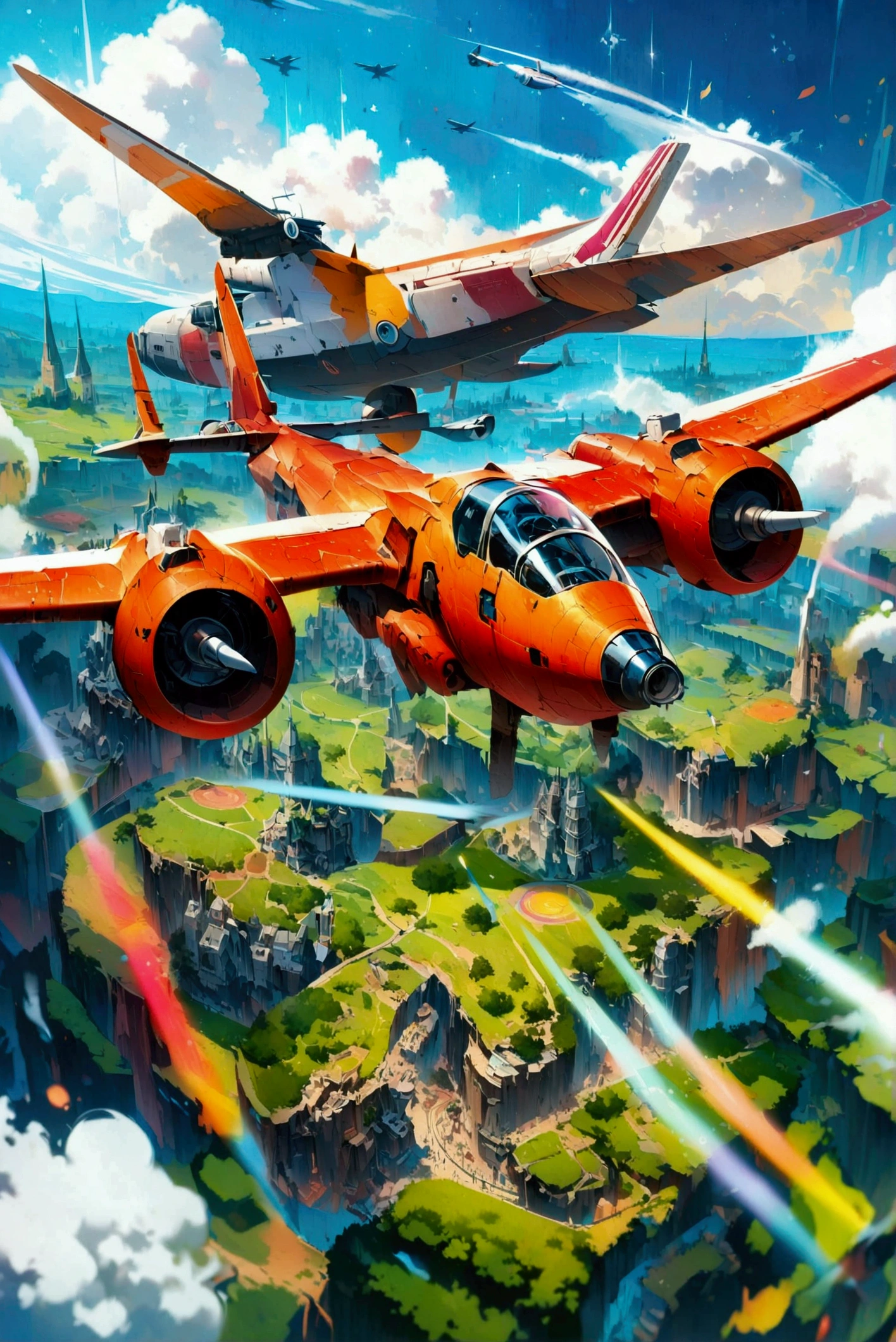  Airplanes with牧草地in the background、Intricate and Detailed Airplanes 、mechanized art concept,   Detailed Game Art Illustration  ,   Epic Full Color Illustration  ,   super detailed illustration ,   Stars Within  、  Stars Within 、 Very Coherent Stylized Artwork  ,   Airplane Design Art  ,    Alessandro Pautasso's Art ,    Highly Detailed Official Art   ,   Colorful Illustrations  ,    detailed digital illustration  , , Vivid cartoon art、Radiant Background 、 Shot looking down at the ground from above