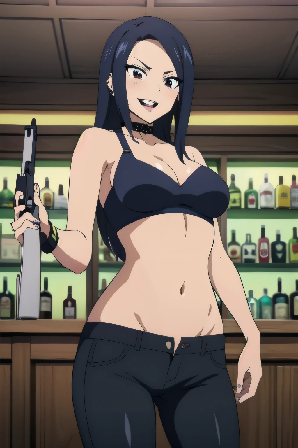 ABI_HIME, 1GIRL, SOLO, LONG HAIR, BLACK HAIR, RED EYES, 1girl, solo, smile, blush, lipstick, long hair, crazy eyes ,Hot girl, baddie, staring, glaring, bad attitude, mean girl, crazy, sensual, attractive, bar background, inside bar, indoor,smile, masterpiece,high quality,4k, bare shoulder,belly,crop top,holding pistol,cleavage,casual dress, bar background, inside bar, indoor,smile, open mouth, (nsfw) not safe for work, evil expression, exposed belly, exposed navel, exposed midriff, exposed lower belly, crop top overhang, underboob,jacket, unbuttoned jeans , low rise black jeans, Low rise jeans, Low rise jeans with open fly,