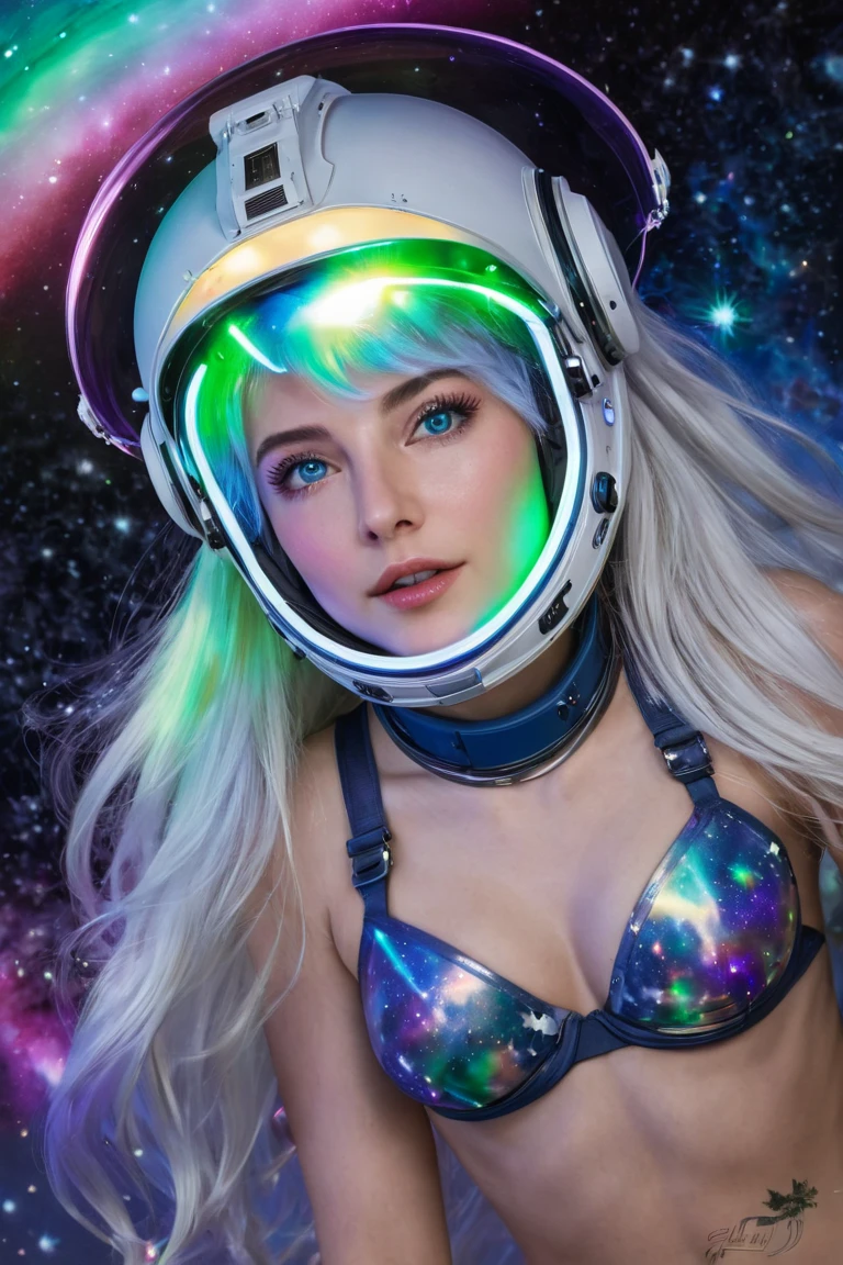  Close-up of an improved masterpiece:1.5)0.9], (Northern Lights and astronauts :1.2)   showing naked vagina with open legs showing vagina( Messy silver hair :1.1) (heterochromia:  xanthochromia and blue eyes :1.2) (Space helmet:1.0) ( Colored stars in the eyes:1.0) (A radiant glow:1.1) ( Thick lips:0.9)