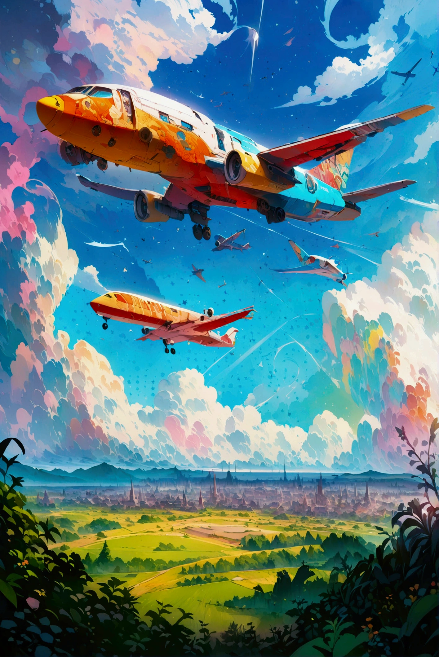  Airplanes with牧草地in the background、Intricate and Detailed Airplanes 、mechanized art concept,   Detailed Game Art Illustration  ,   Epic Full Color Illustration  ,   super detailed illustration ,   Stars Within  、  Stars Within 、 Very Coherent Stylized Artwork  ,   Airplane Design Art  ,    Alessandro Pautasso's Art ,    Highly Detailed Official Art   ,   Colorful Illustrations  ,    detailed digital illustration  , , Vivid cartoon art、Radiant Background 、 Shot looking down at the ground from above