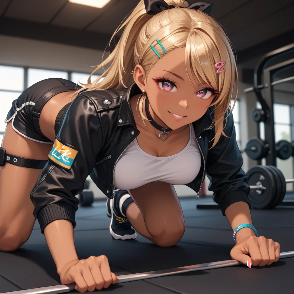 1girl, ((solo)), (lie face down, push ups training:1.5), (She lies on her stomach and stretches her legs), gym in the background, view audience, front of view, high ponytail, black armor, hot pants, short pants, smile, mastepiece, best quality, 8K, Super detailed, perfect face, detailed eyes, hard lighting, dynamic shadow, increase depth of field,
medium breasts, bare breasts,
BREAK
gyaru, ((((dark skin)))), long hair, low twintail, hair ribbon, hairclip, choker, cropped jacket, black jacket, white shirt, midriff, black shorts, thigh strap,