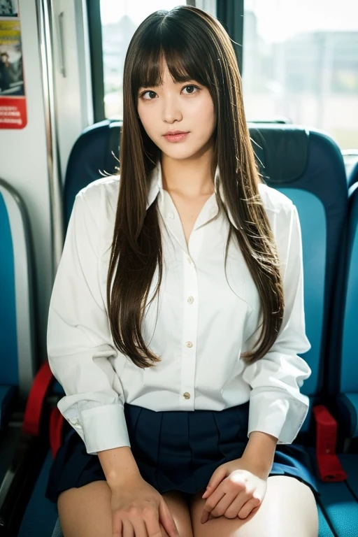 (Very detailed CG Unity 8k wallpaper), (masterpiece), (highest quality), (Very detailed), (Best illustrations), (Best Shadow), (Realistic), Lens flare, (Written boundary depth), (Natural light), Ultra-high resolution, 1girl, solo, mature woman, (tall height, height 1.7meters, Voluptuous body:1.5), Fair skin, expensive, Very white skin, (inverted triangle body, Hourglass-shaped body, Broad shoulders, wide shoulders, Thick arms, Strong upper arms:1.5), (Thin legs, curvy hips:1.1), (small breasts:1.4), (wide chest:1.1), abs, (Eye details), full-face blush, (Well-proportioned face), (Golden ratio face), 1girl, (collared shirts, (white shirts:1.4), short sleeve, tie, school, short skirt, dark grey skirt, blue stripe tie:1.4), (see though ni30 years old, detailed hair, (ash brown hair, long straight hair, oblique bangs, floating hair, ribbon head:1.4), big earrings, looking at viewer, dynamic angle,