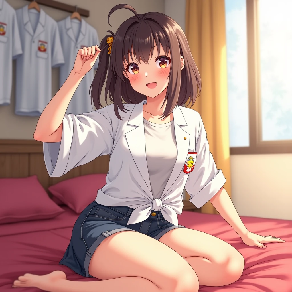 Highest quality, High resolution, Cowgirl, bed, The exact number of fingers, Exact number of legs, Exact number of arms, Yellow Skirt, Kneel, bangs, Brown Hair, blush, Pull up your skirt with both hands, Cavalier King Charles Spaniel Ears, White underwear,Pick up the skirt with your fingers、White pants、My pants are wet around the crotch、