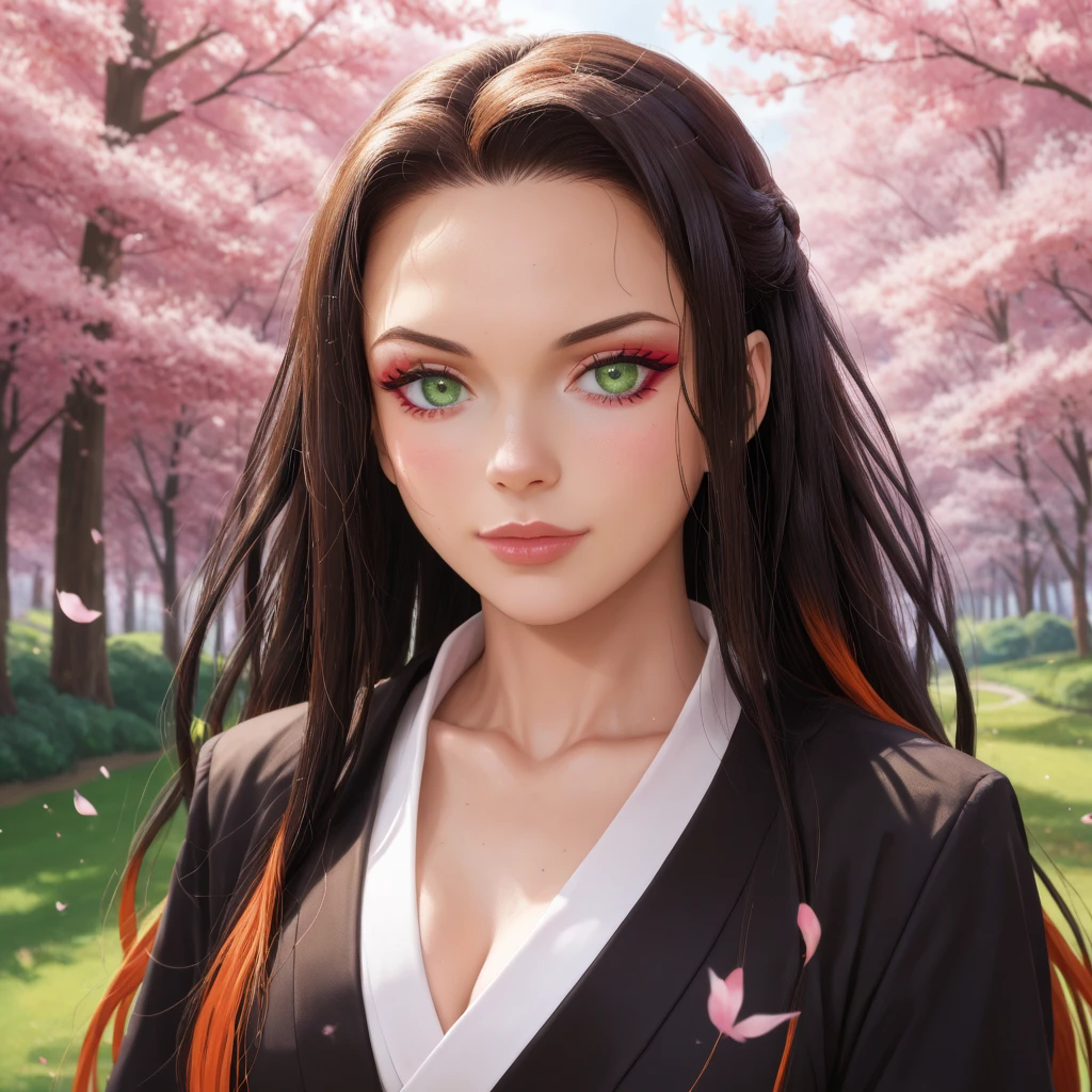 Please create a detailed anime-style portrait of a young female character with long hair and one green eye. The character should be depicted in the style of the Demon Slayer anime and should have a striking and captivating appearance. Imagine her as a Sexy beautiful Japanese demon girl with glowing green eyes, reminiscent of the character Nezuko from Demon Slayer. The overall aesthetic should be similar to the art style of renowned artist Yang J, known for his beautiful character paintings. Pay close attention to details and ensure the final product is of exceptional quality, akin to the works of Artgerm.