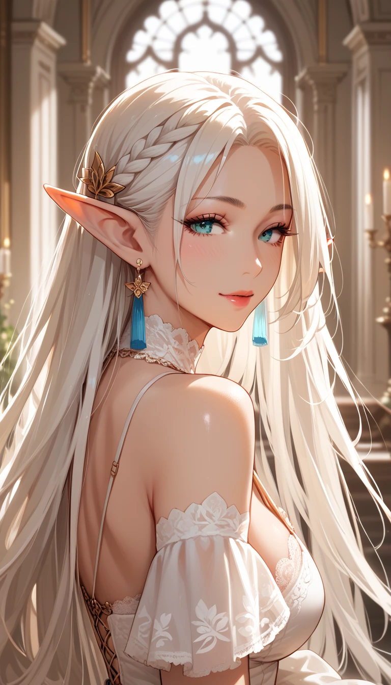 ((Best quality, masterpiece, 4k, best anatomy)), cute girl, (violet hair), ((very long curly hair)), perfect face, (yellow eyes), ((naked)), ((flat chest)), ((21 years old)), skindentation, extreme detail, attractive angular face, red lips, pink nipples, glossy skin, detailed hair, face focus, close-up chest, ornamental gold necklace, gold earrings, ((1 girl)), embarrassed expression, elf ears, innocent smile, ((slender)), anime girl