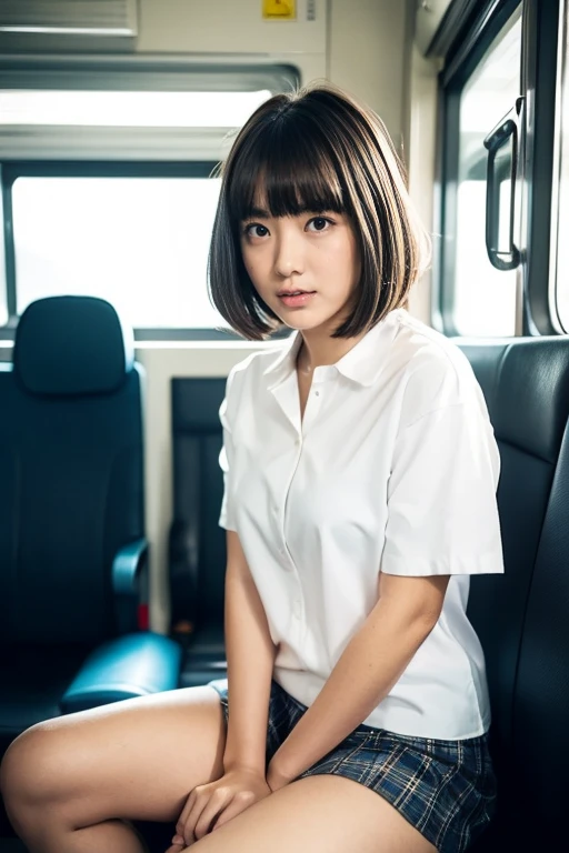 ((Highest quality)), (detailed), 1 Japanese、young girl, Browsing Caution, sexy、sitting in a car, blous, Big Breasts、tight shirt, short hair, Symmetrical eyes, (smile:0.8), photorealistic