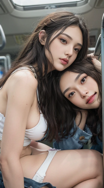 masterpiece, best quality, 2girls, (closeup), 18yo teen, slim, small breast, side view, tired, dirty face, blue shirt, sun rays, train station, boat in the sea, blue, blue sky, sunny, watercolor, analog, (unbuttoned shirt:1.5), ((topless:))