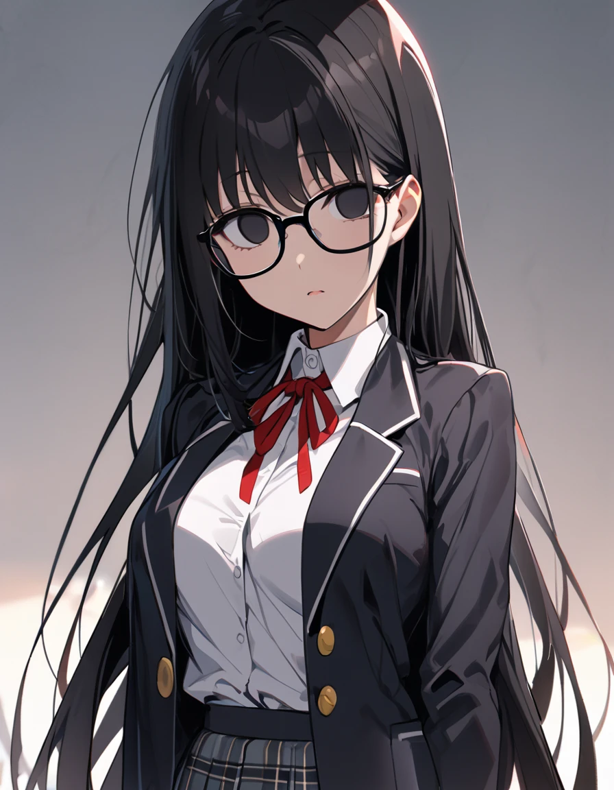 masterpiece,  best quality:1.2)、((( Female College Student、 black hair、very long hair、Black Eyes、empty eyes、 slender、(((Glasses)))、黒いschool uniform, 黒のmiddle breast, blazer,  red ribbon、 skirt、)))（close mouth）、（no expression）、 upper body、back shot、back view、 point of view