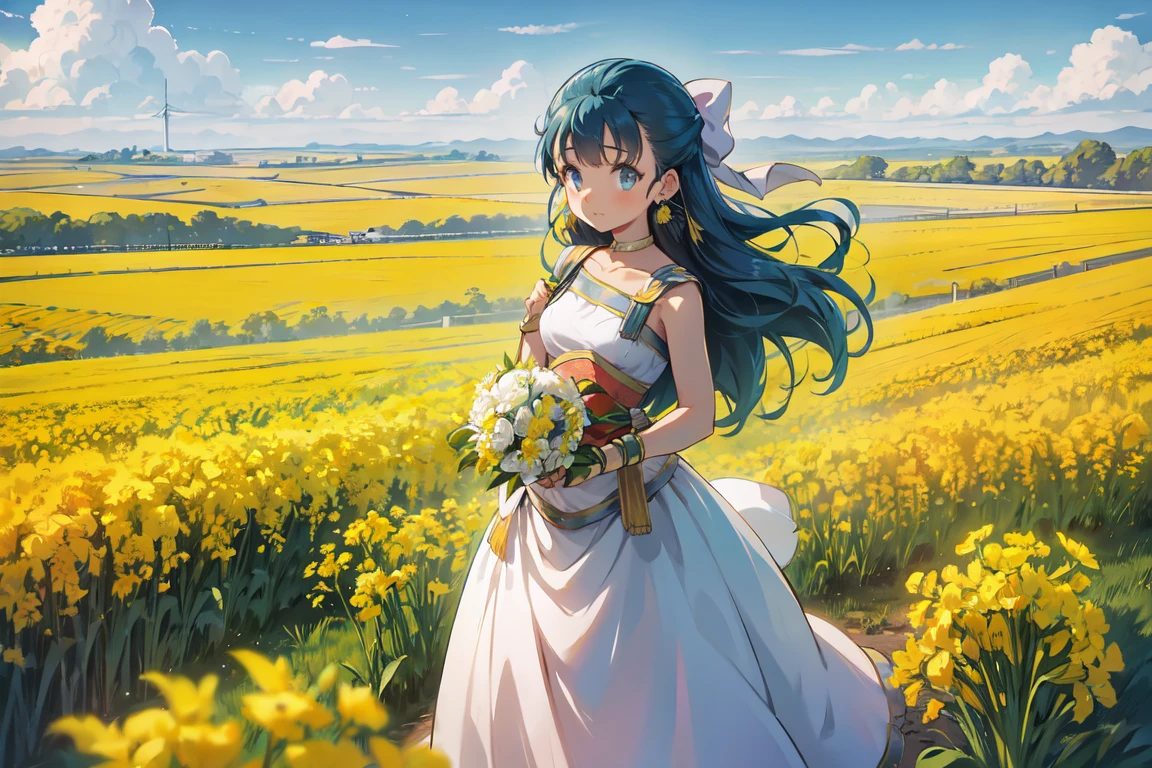 Large countryside ,  yellow rapeseed fields ,  old windmills visible in the distance, A bouquet in hand,  quiet country roads ,  hair bow ,  bracelets staring at the viewer,  choker,  earrings for a woman alone,  long dress , sash,   girl,