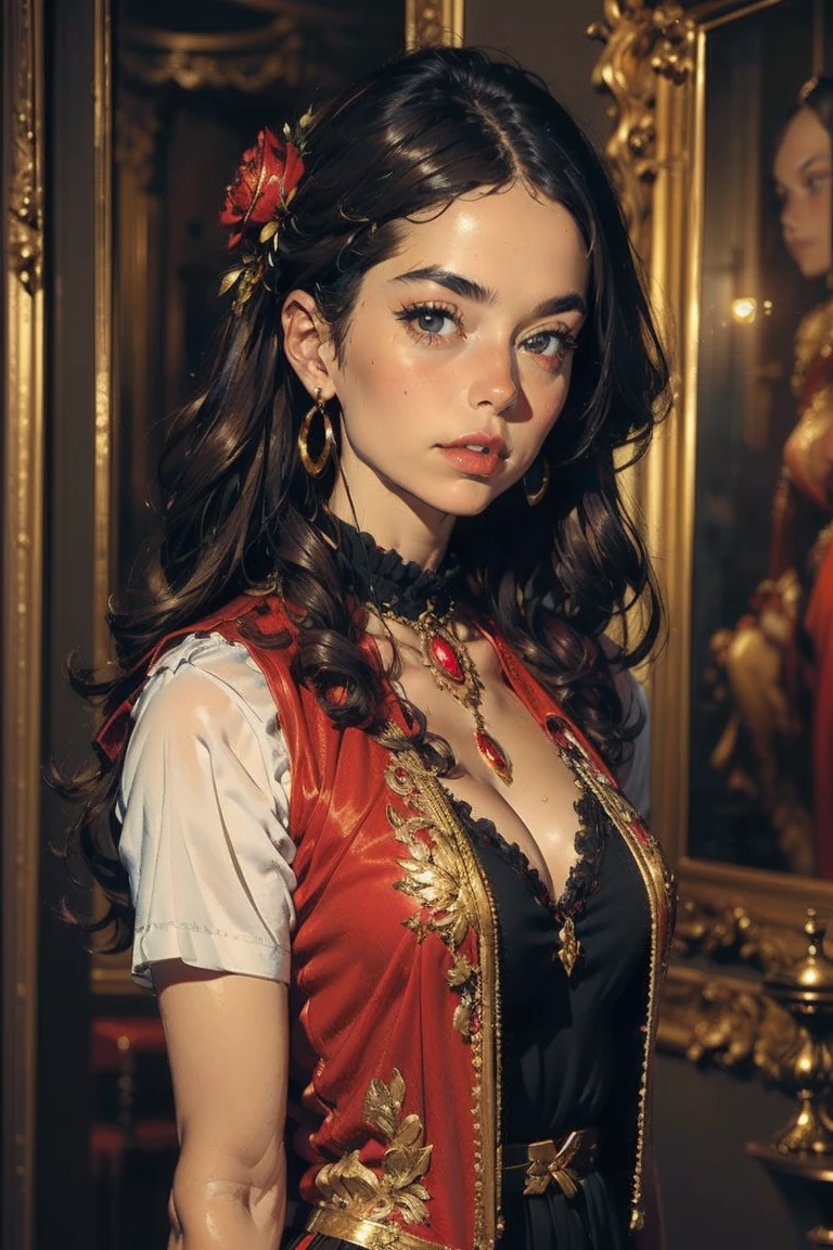 ( Extremely Detailed CG Unit 8K Wallpaper , masterpiece,  best quality,  super detailed), (Best lighting,  vest shadow ), 45 year old Spanish woman, Mature, Square face,  Wears One Red Rose Around Her Neck,  wearing a black dress with red lace ,  Gold Earrings ,  Features Like Maria Padilla , (  highly detailed skin : 1.2), Light , oil painting,