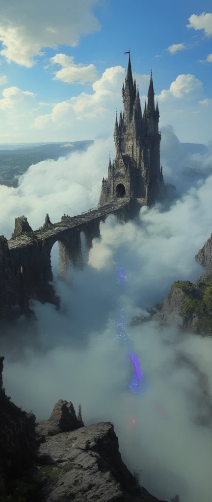  A very old bridge \( float in the sky , 即将倒塌,  Many rainbows shine through the mist \) connected to an ancient castle  float in the sky .  is diffusely reflected through the fog .  stretch far into the foreground ， is about to collapse and . in the thick fog and haze .