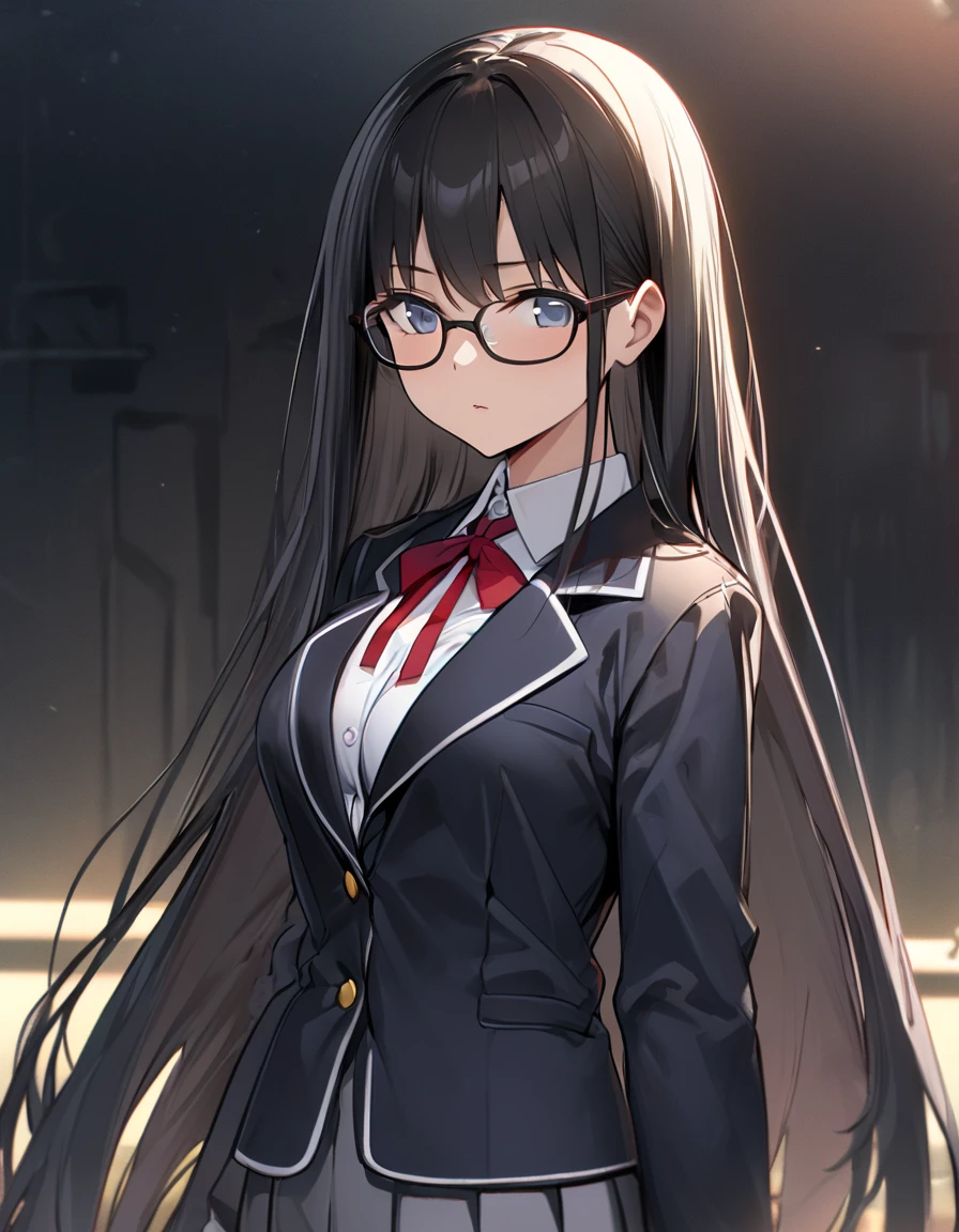 masterpiece,  best quality:1.2)、((( Female College Student、 black hair、very long hair、 slender、(((Glasses)))、黒いschool uniform, 黒のmiddle breast, blazer, ))、 upper body、back shot、back view、 point of view