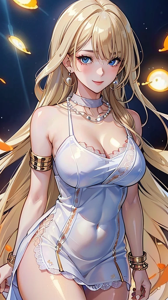 A masterpiece of the highest order, ultra high precision, ultra high image quality, 8K quality, realistic anime style, a woman, a perfect woman with the best anatomical and ergonomic face and body, a well-proportioned face and body, (((Long hair:1.3))), (((shiny Blonde hair:1.2))), (((long bangs:1.2))), (((Blue highlights hair))), a slim face, ((narrow deep clear Blue eyes:1.2)), (((deep glossy and shining eyes))), (((eyes with highlights))), (((very long eyelashes))), thin red lips, a tall and slender body, (very large and heavy breasts:1.4), tight waist, large hips, white skin, moist and lustrous skin, (((Sexy Orange dress))), (((slit Lace Dress:1.2))), (((large earrings))), (((Pearl necklaces:1.2))), (((bangles, rings))), (((beautiful smile))), mysterious atmosphere, great presence, ((upper body, sexy pose))
