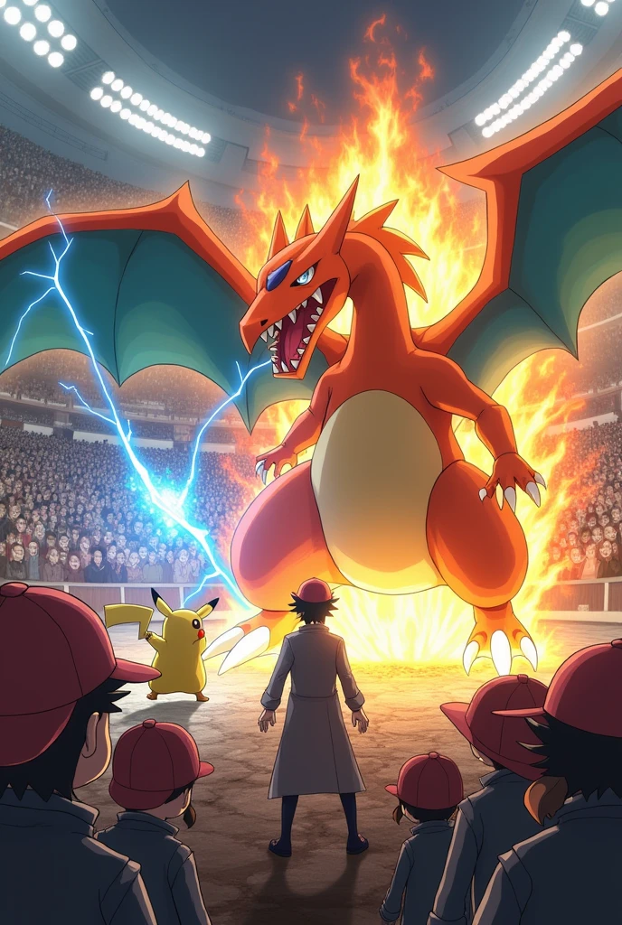 Flamethrower Charizard in a volcano ,with people on their feet